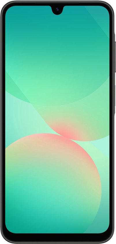 Vooraanzicht van de zwarte Samsung Galaxy A26 5G met druppelvormige notch.