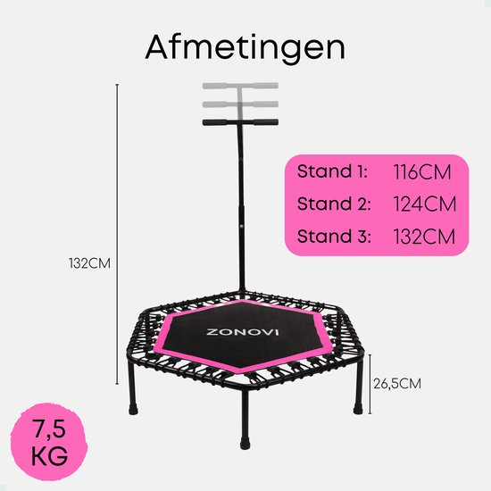 Hexagonale trampoline met roze rand, met afmetingen en gewichtsaanduidingen.