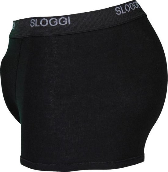 Zijkant van een zwarte Sloggi Basic short met grijze tailleband met Sloggi-logo.