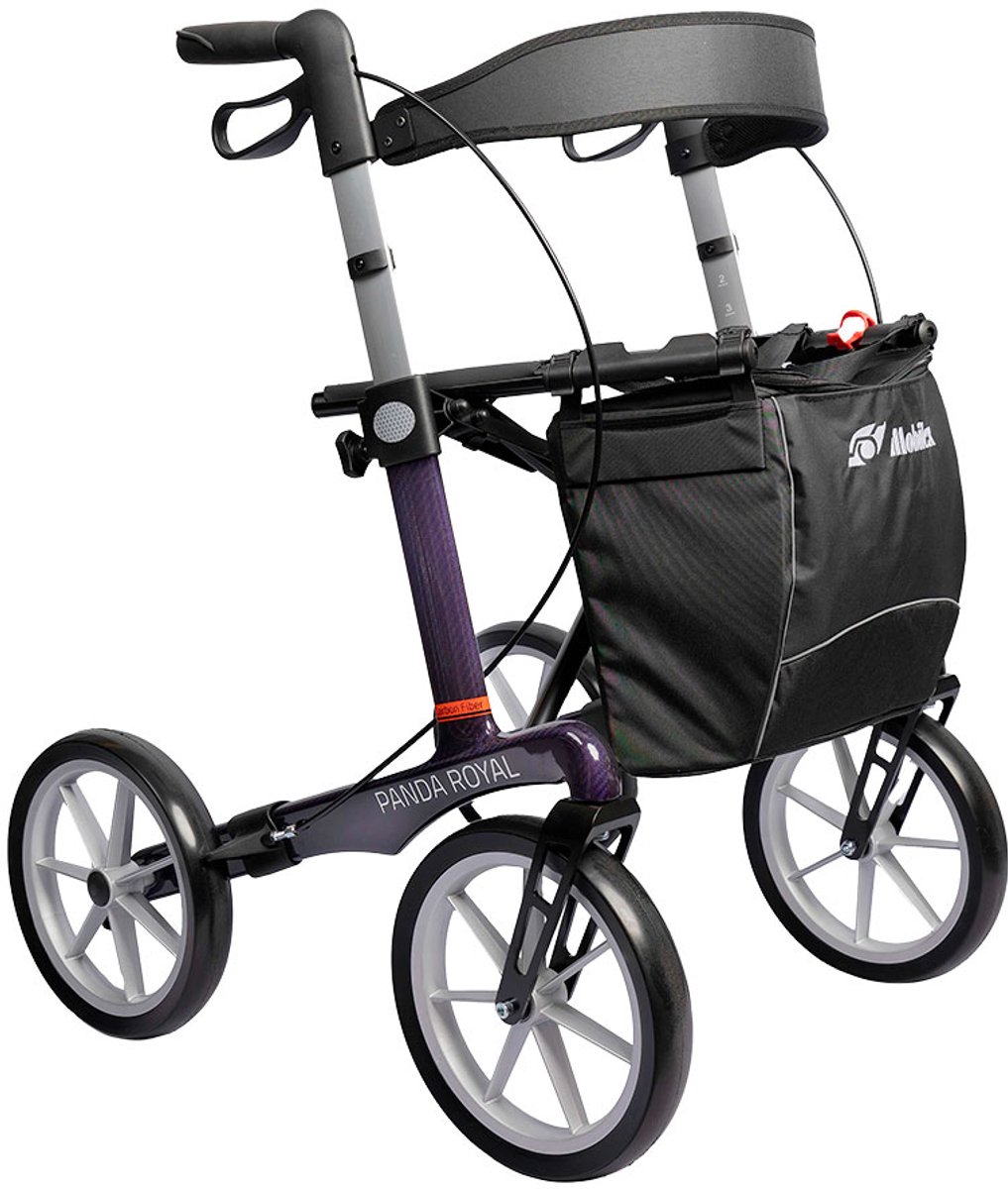 Mobilex Panda Royal Carbon rollator - Carbon frame - Afneembare, gesloten boodschappentas - rugband - stokhouder - Paars