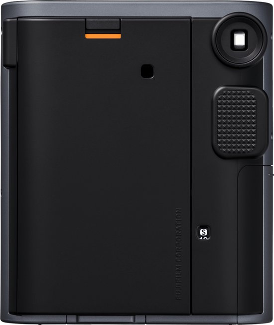 Grijze Fujifilm Instax Mini 41 camera, achterkant met oranje indicator en 'S' markering.