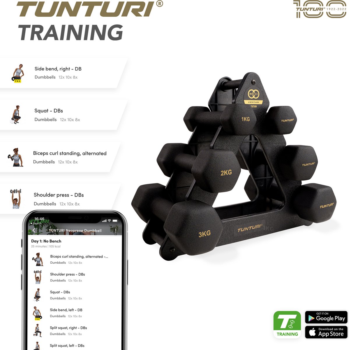 Tunturi Gewichten Centuri - Halterset - Dumbbell Set - Neopreen Dummbbells - 1 t/m 3kg - 3 Paar - Incl. gratis fitness app — afbeelding 7