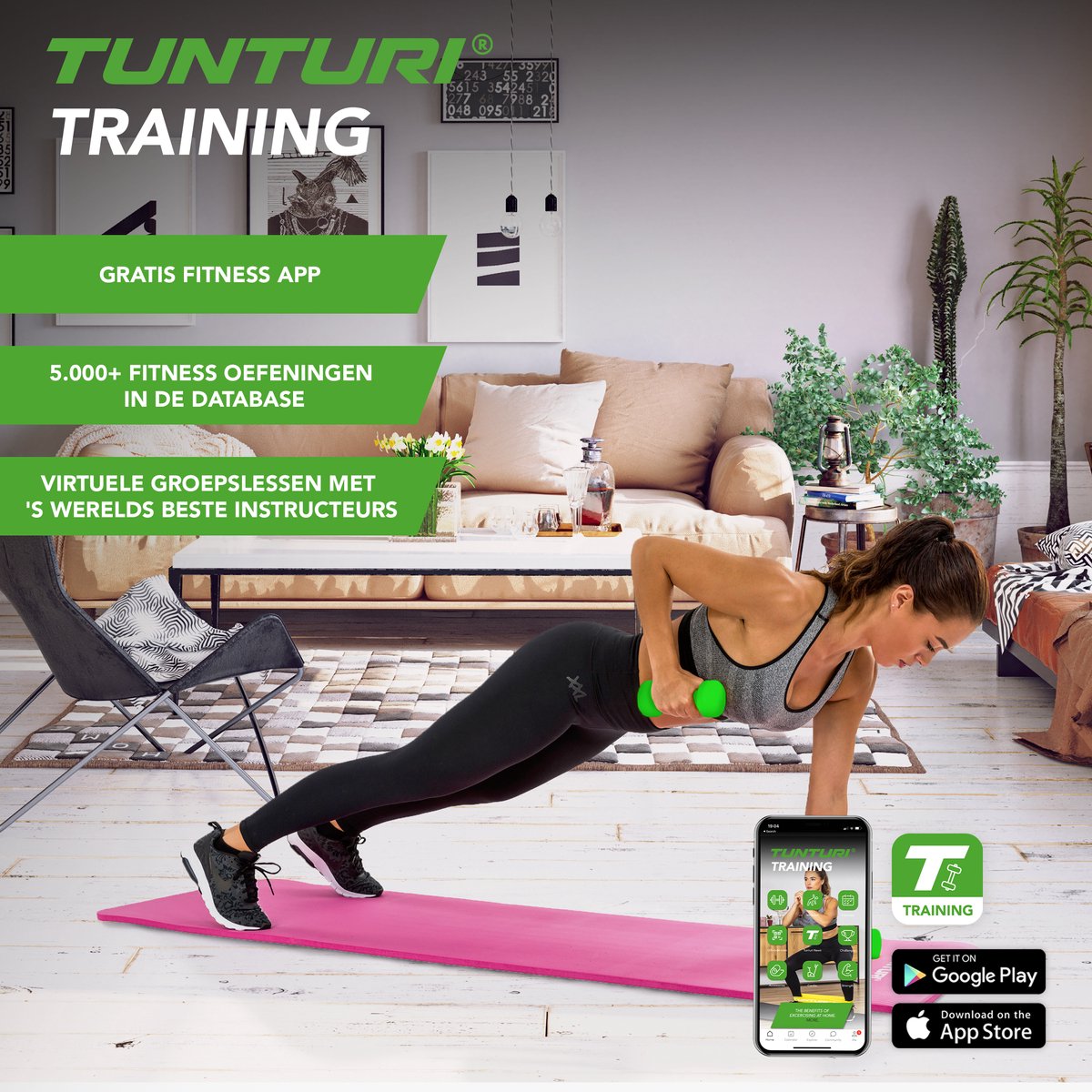 Tunturi Dumbbell set - 2 x 4,0 kg - Neopreen - Fluor Groen - Incl. gratis fitness app — afbeelding 3