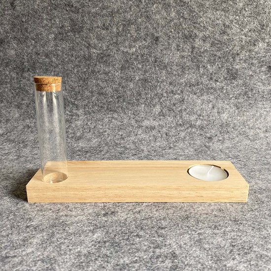 Kaarthouder | Gedenkplankje [21 cm] van hout met glazen buisje en waxinelichtje