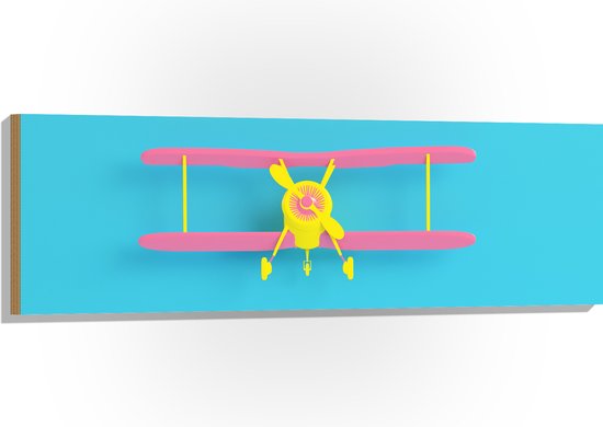 Hout - Vooraanzicht van Roze met Geel Zweefvliegtuig op Felblauwe Achtergrond - 120x40 cm - 9 mm dik - Foto op Hout (Met Ophangsysteem)