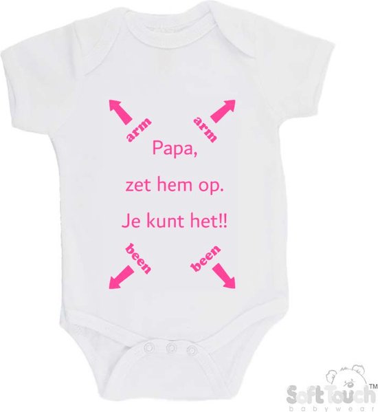 100% katoenen Romper "Papa, zet hem op. Je kunt het!!" Meisjes Katoen Wit/roze Maat 56/62