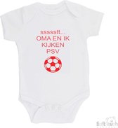 100% Katoenen Romper "ssssstt Oma en ik kijken PSV" Unisex Katoen Wit/rood Maat 56/62