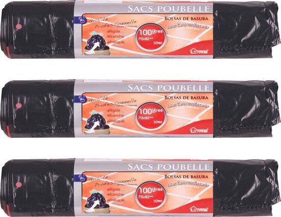 Sacs poubelles/sacs poubelles Urban Living - 30x - 100 litres - noir - fermeture à cordon - D70 x H82 cm