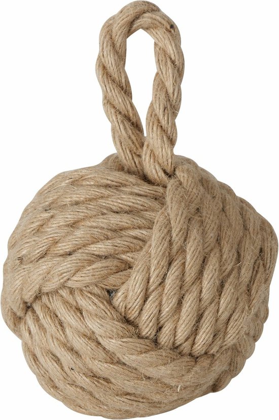 Bruine deurstopper van gevlochten jute in een ronde knoopvorm met een lus aan de bovenkant.