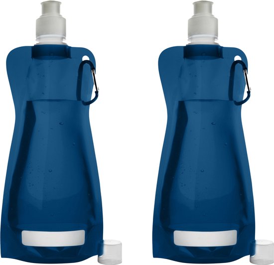 Waterfles/drinkfles/sportbidon opvouwbaar - 2x - blauw - kunststof - 420 ml - schroefdop - karabijnhaak
