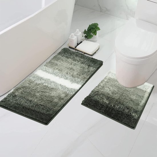 Badmatset, 2-delige badmat - 50 x 80 cm badkamermat en 50 x 50 cm U-vorm toilettapijt met antislip zelfklevende onderkant, badkamermattensets voor vloerslaapkamer, machinewasbaar - zwart-wit
