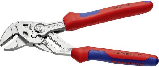 Knipex 86 05 180 grijptang met rode en blauwe handvatten, op witte achtergrond.