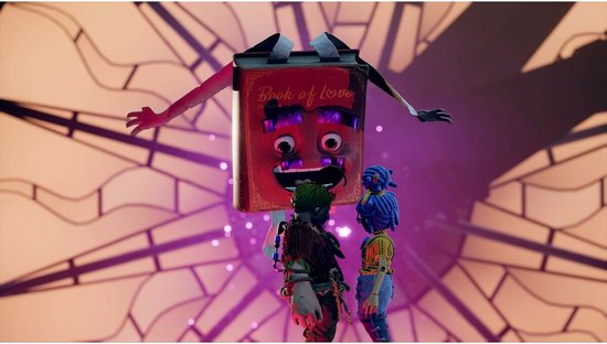 Een pop-boekpersonage met een eng gezicht boven twee spelerspersonages.