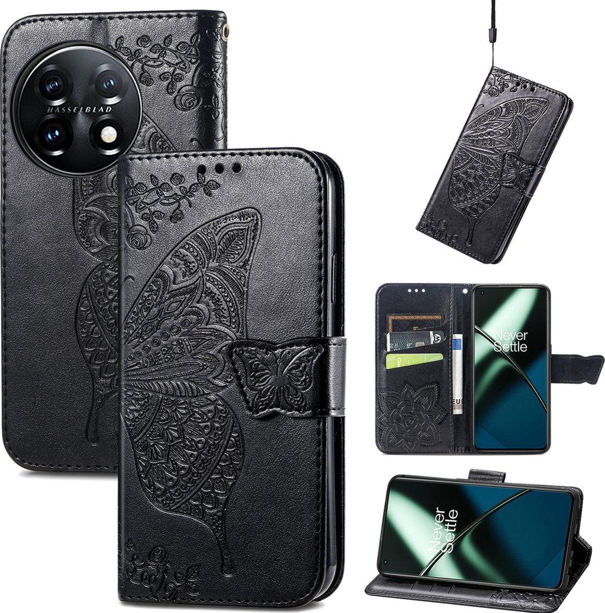Mobigear Telefoonhoesje geschikt voor OnePlus 11 Hoesje | Mobigear Butterfly Bookcase Portemonnee | Pasjeshouder voor 3 Pasjes | Telefoonhoesje voor Pinpas / OV Kaart / Rijbewijs - Zwart