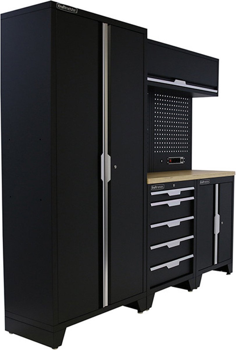 Kraftmeister werkplaatsinrichting - Werkbank met 1 wandkast, 1 werkplaatskast en multiplex werkblad - Werktafel met 5 laden, 1 opbergkast en gereedschapswand - Complete set voor werkplaats of garage - Zwart