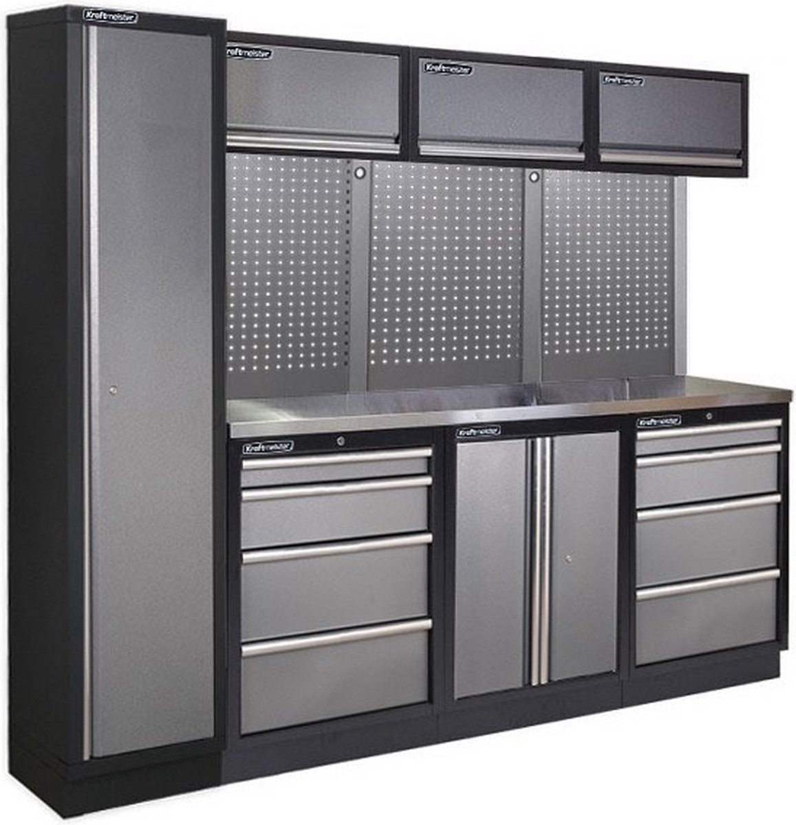 Kraftmeister werkplaatsinrichting - Werkbank met 3 wandkasten, 1 werkplaatskast, 1 opbergkast en RVS werkblad - Werktafel met 8 laden en gereedschapswand - Complete set voor werkplaats of garage - Grijs
