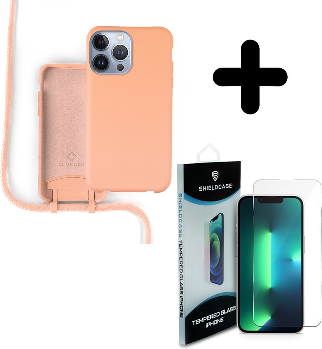 Coverzs Silicone case met koord Hoesje geschikt voor iPhone 13 Pro (oranje) + ShieldCase screenprotector - beschermglas iPhone bescherming - iPhone case bescherm hoesje + Screenprotector