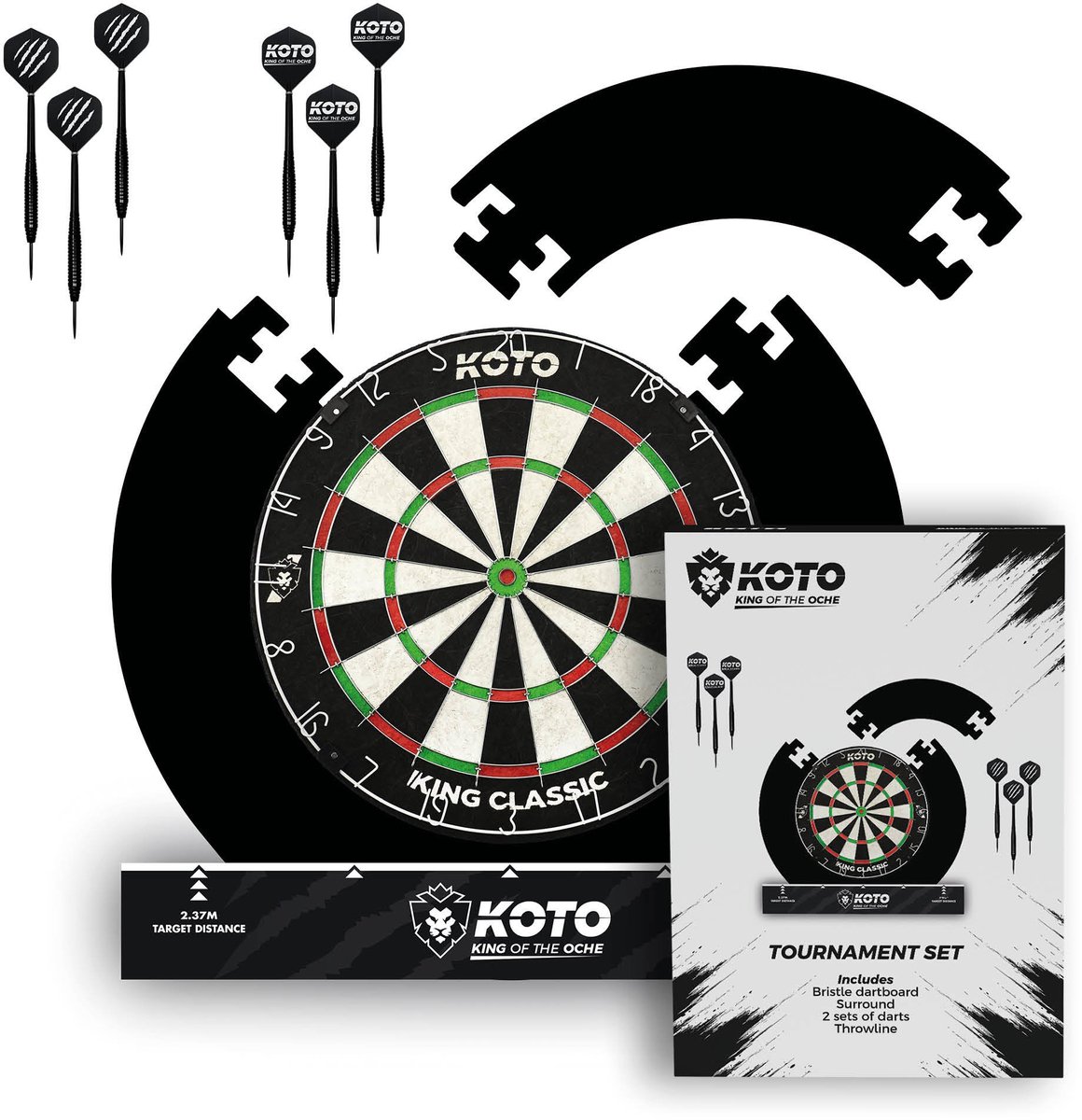 KOTO Tournament Set Zwart, DartSet, Officiële Standaard, Sisal Dartbord & Dartpijlen & Surround