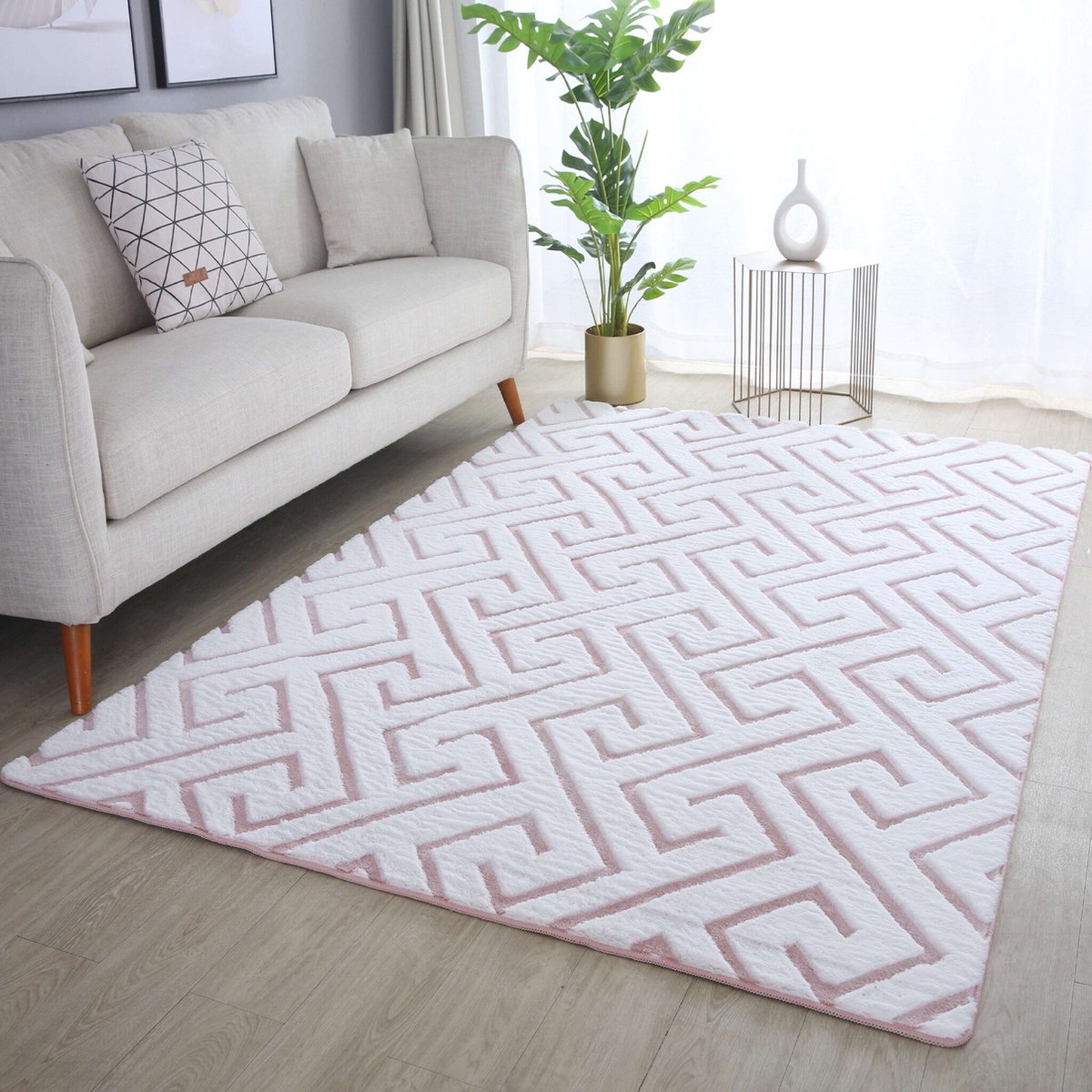 flycarpets Nonia Hoogpolig Fluffy 3D Design Geometrisch Vloerkleed - Wit / Roze - 140x200 cm