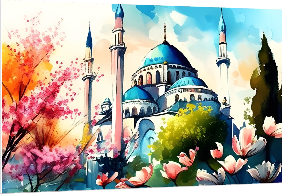 PVC Schuimplaat- Waterverf Tekening van Blauw met Witte Moskee - 150x100 cm Foto op PVC Schuimplaat