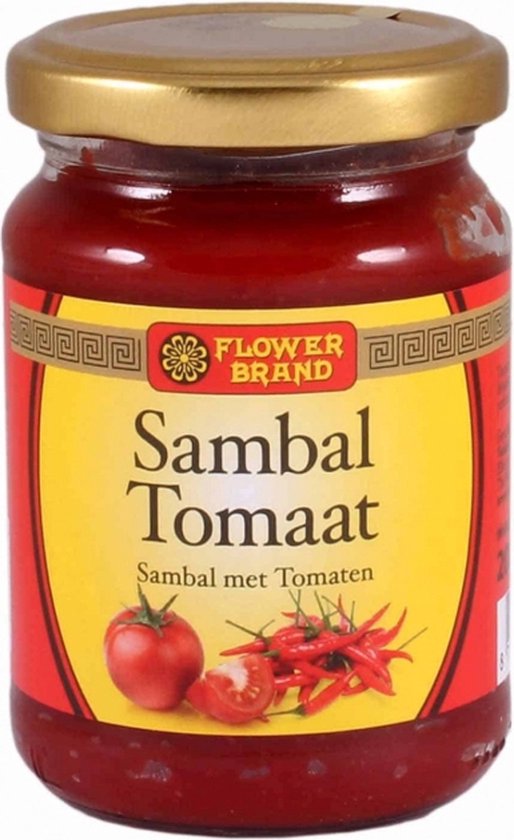 Flower Brand Sambal Tomaat pot met rode sambal en afbeelding van tomaten en chilipepers.