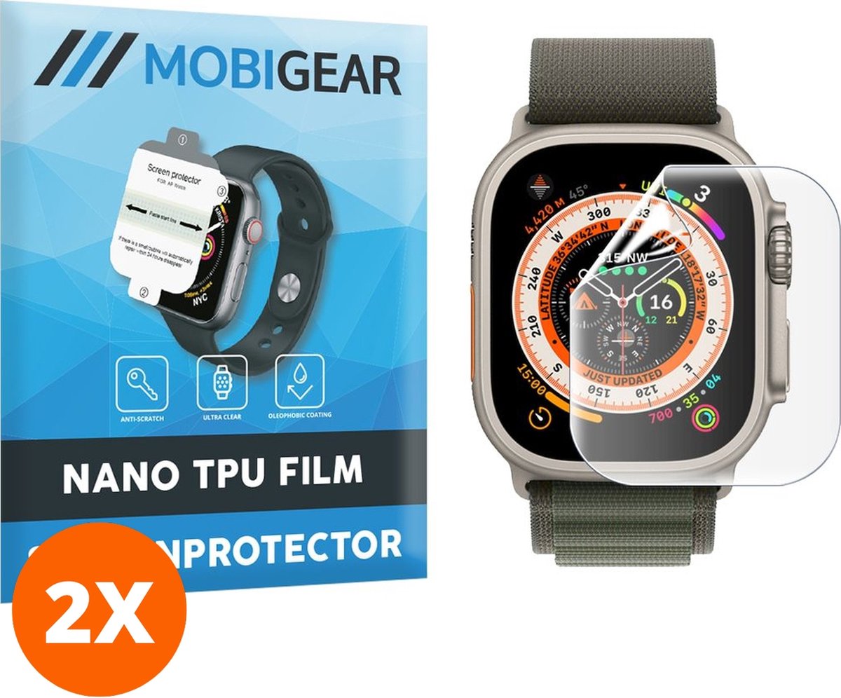 Mobigear Screenprotector geschikt voor Apple Watch Ultra - 49 mm Hydrogel TPU | Mobigear Screenprotector - Case Friendly (2-Pack)
