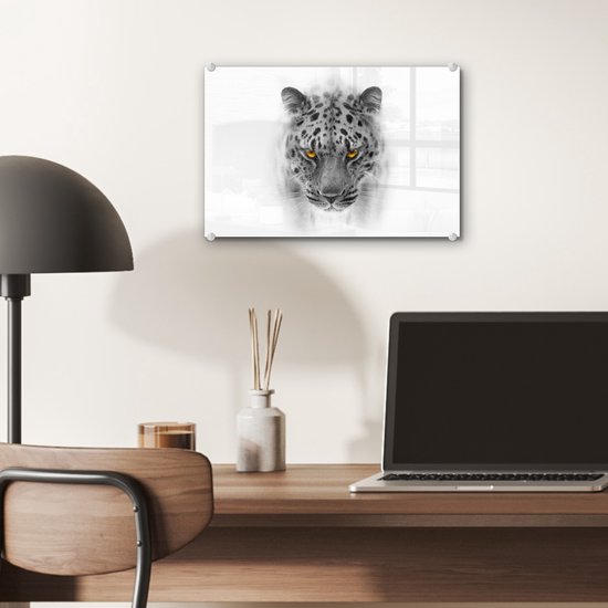 MuchoWow® Peinture sur verre 30x20 cm - Peinture sur verre acrylique - Léopard - Zwart - Wit - Tête - Photo sur verre - Peintures