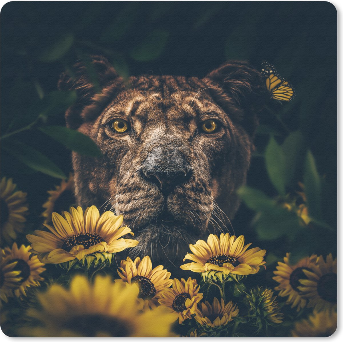 Muismat 20x20 cm - Mousepad Leeuw - Bloemen - Dieren - Botanisch - Muismatten