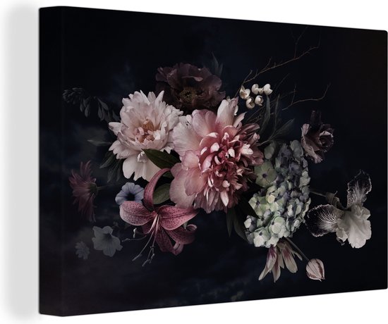 Canvas Schilderij Bloemen - Vintage - Pastel - Zwart - Boeket - 90x60 cm - Wanddecoratie