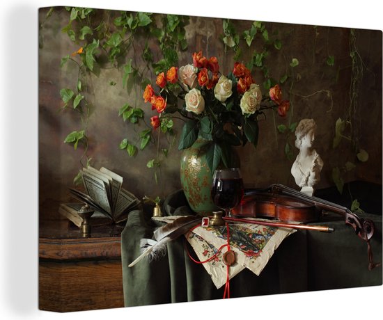 Peintures sur toile - Fleurs - Violon - Nature morte - 140x90 cm - Décoration murale