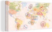 Canvas Wereldkaart - 80x40 - Wanddecoratie Wereldkaart - Stempels - Kleuren
