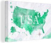 Canvas Wereldkaart - 120x80 - Wanddecoratie Wereldkaart - Verenigde Staten - Groen