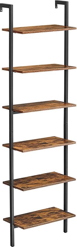 Vrijstaande Boekenkast Jannine - 6 Tier - Ladderplank - Boekenkast - Decor - Slaapkamer - Woonkamer - Kantoor - 60x30x204.8cm - Industrieel Ontwerp - Vintage Bruin/Zwart