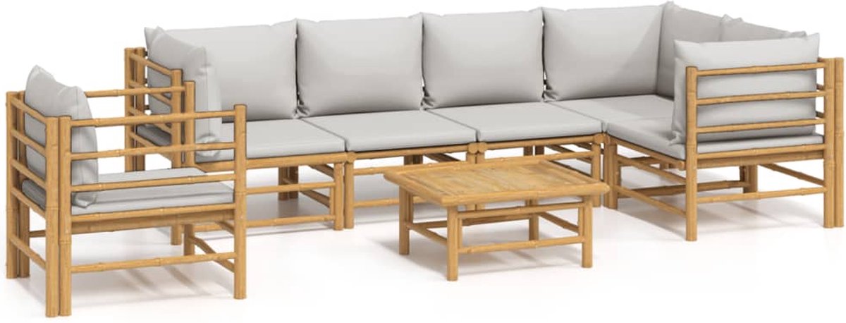 vidaXL 7-delige - Loungeset - met - lichtgrijze - kussens - bamboe Lichtgrijs