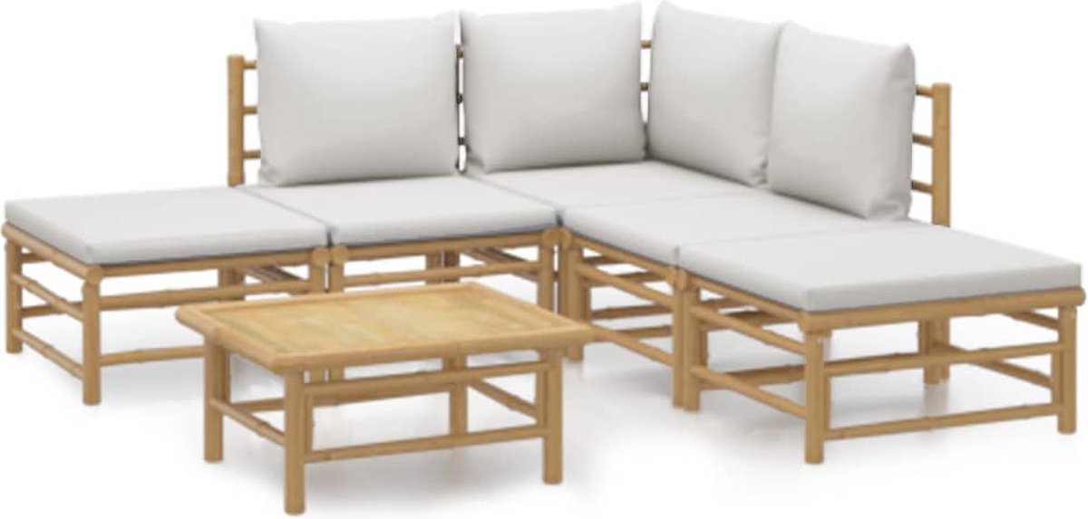 vidaXL 6-delige - Loungeset - met - kussens - bamboe - lichtgrijs