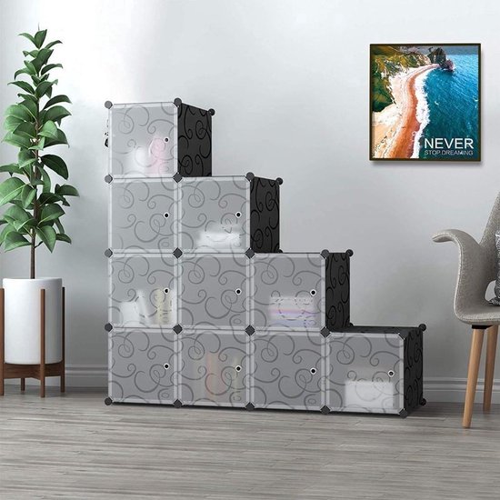 Life's Green Modulaire Opbergkast - 110 x 46,5 x 145 cm - Kast met 12 opslagvakken en 2 ophangstangen - Kunststof Kledingkast - Vakkenkast - Zwart — afbeelding 2