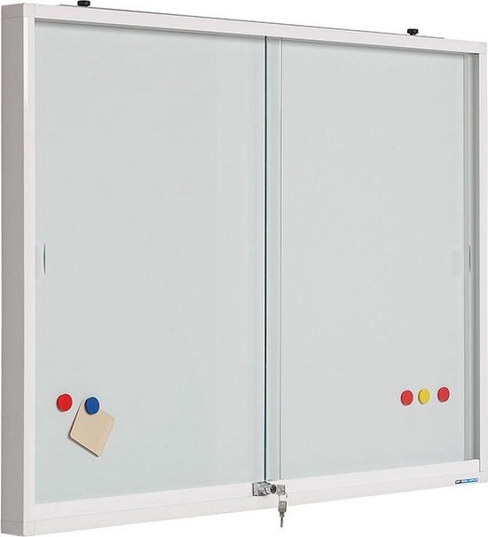Vitrinekast voor binnen wit, glazen deuren, whiteboard - 100x150