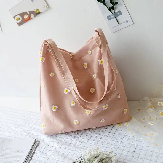 ASTRADAVI Fashion Bags - Tas - Canvas Tote Bag - Mooie Kant Mesh met Kleine Madeliefjes - Roze