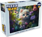 Puzzel Kitten - Bloemen - Bos - Illustratie - Poes - Legpuzzel - Puzzel 1000 stukjes volwassenen