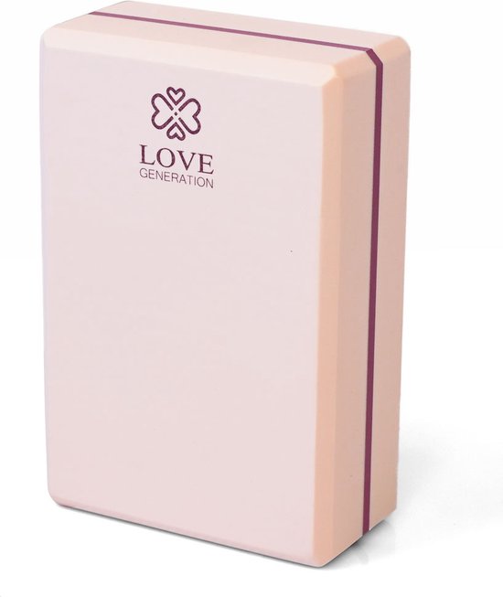 Bloc de yoga rose pâle avec bandes violettes et le logo Love Generation.