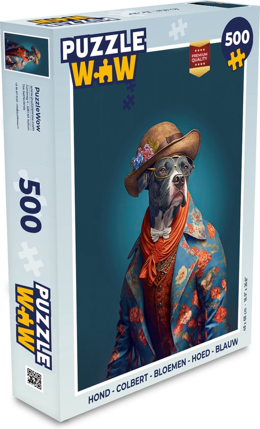 Foto: Puzzel hond colbert bloemen hoed blauw legpuzzel puzzel 500 stukjes