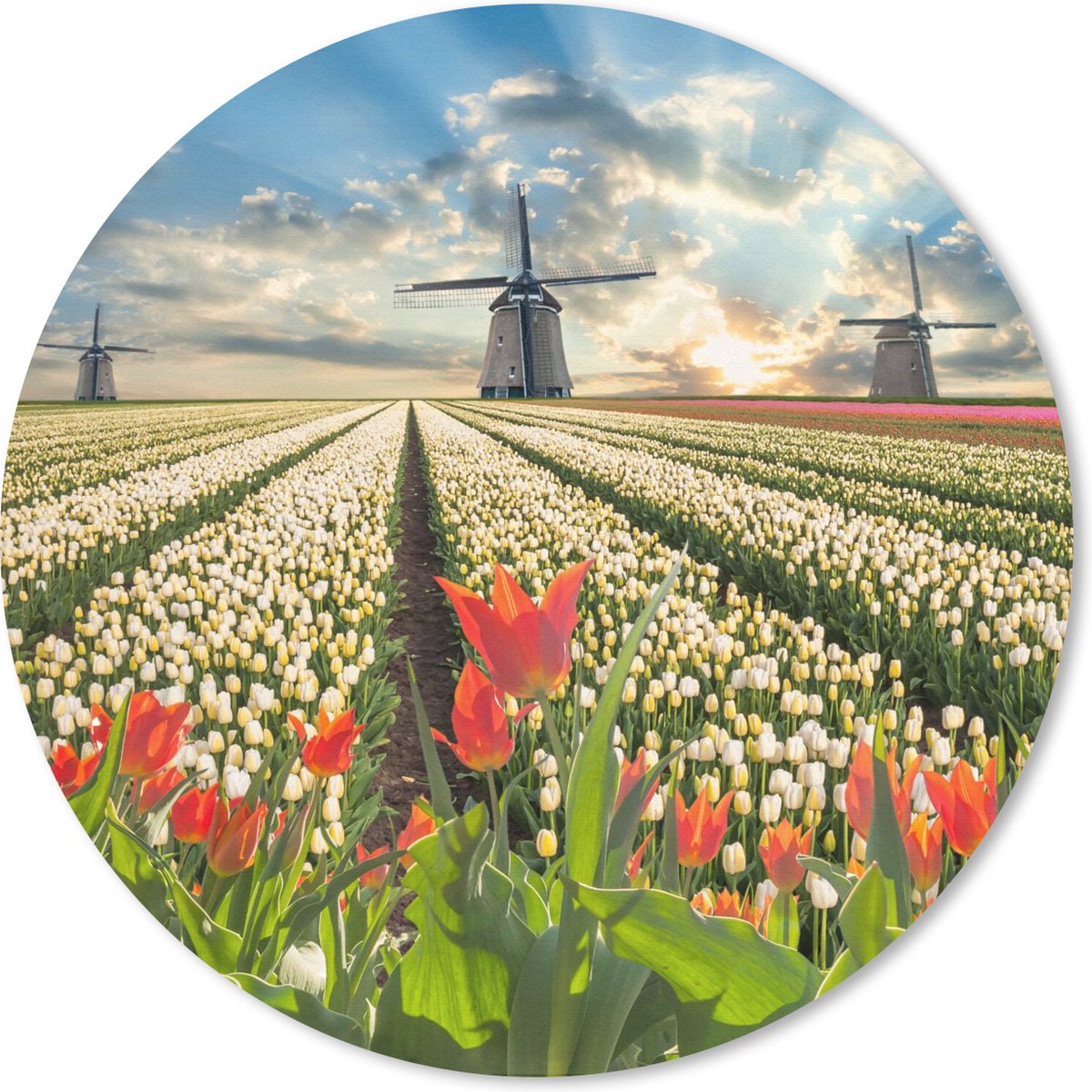 Muismat rond 30x30 cm - Mousepad Windmolen - Tulpen - Lucht - Natuur - Ronde muismatten