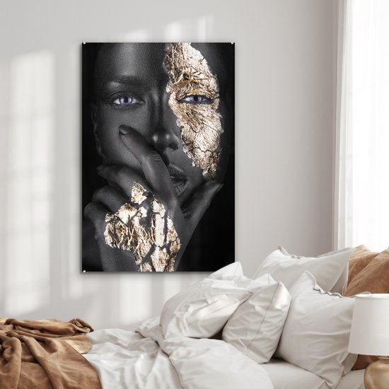 MuchoWow® Peinture sur Verre - Femme - Or - Zwart - Maquillage - Luxe - 80x120 cm - Peintures sur Verre Acrylique - Photo sur Glas