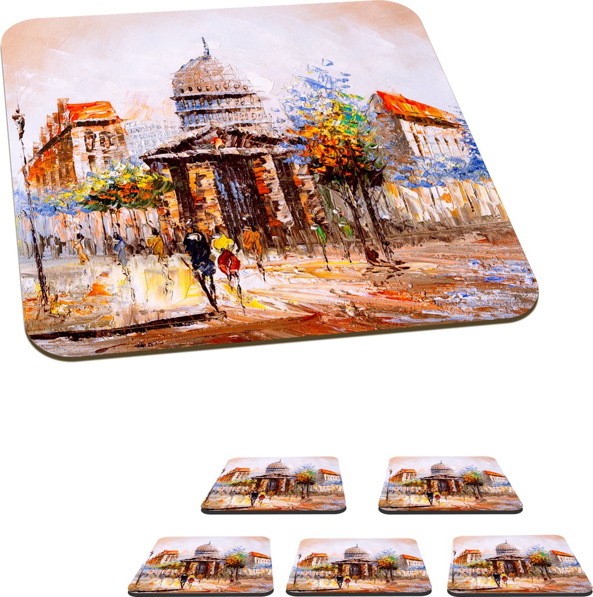 Onderzetters voor glazen - Schilderij - Stad - Olieverf - 10x10 cm - Glasonderzetters - 6 stuks