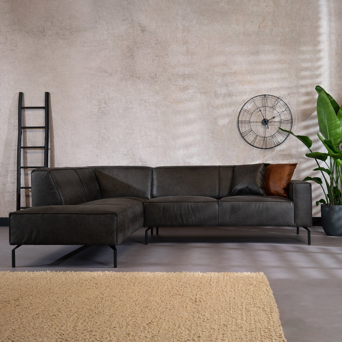 Bronx71® Industriële hoekbank Kansas eco-leer antraciet links
