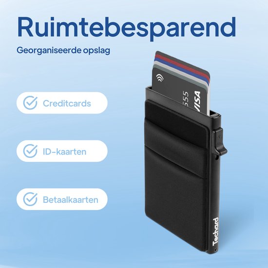 Zwarte, ruimtebesparende Techard pasjeshouder voor creditcards, ID-kaarten en betaalkaarten.