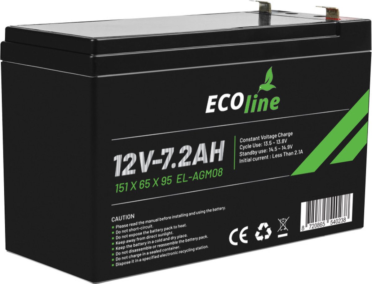 EcoLine - AGM 12V 7.2AH - 7200mAh VRLA Batterij - 151 x 65 x 95 - Deep Cycle Accu.