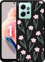 Cazy Hoesje Zwart geschikt voor Xiaomi Redmi Note 12 4G Roze Bloemetjes