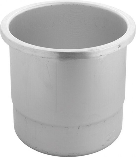Zilverkleurige soepketel waterpan met een brede rand.