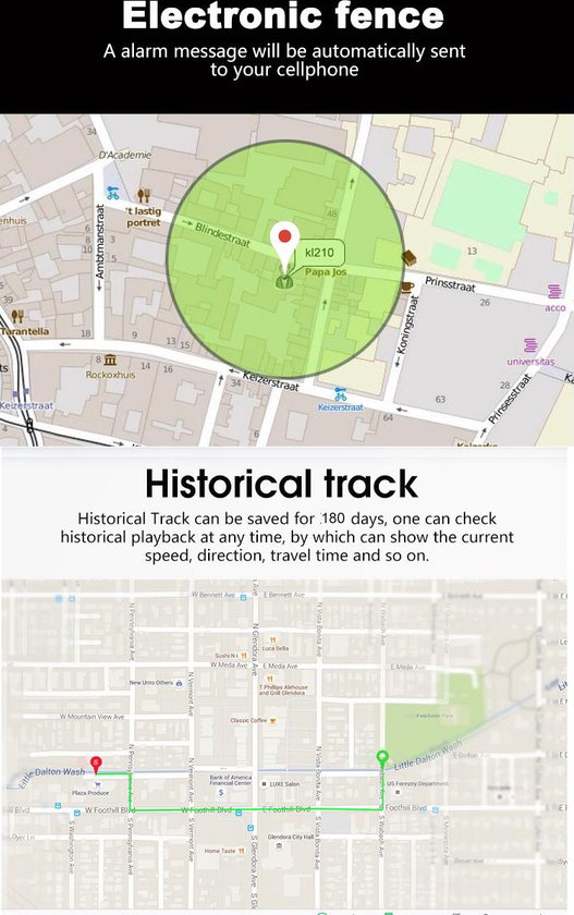 Bovenste kaart toont een groene cirkel "Electronic fence". Onderste kaart toont een groene historische track.